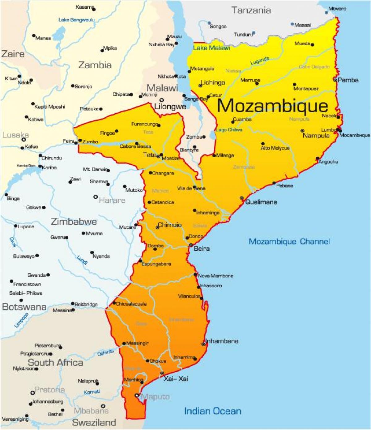 خريطة موزمبيق خريطة المسافات